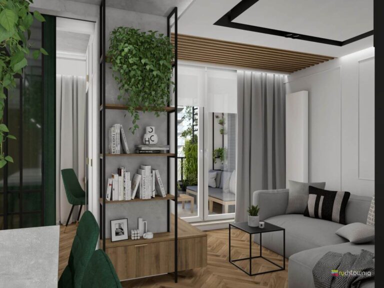 Wizualizacja salonu z ażurowym regałem, projekt Rychtowni